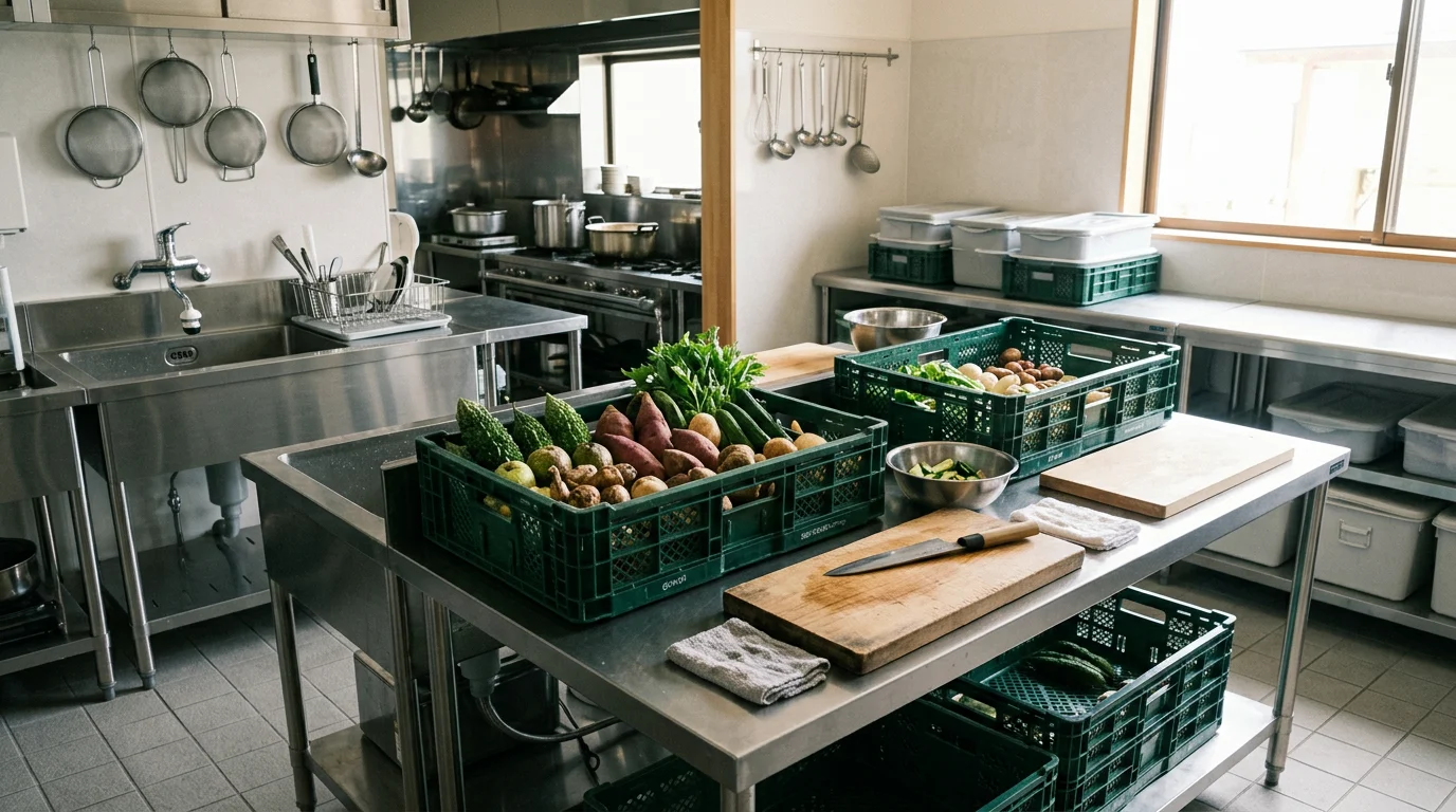 旬の野菜と沖縄料理の小鉢を盛り付けた木のテーブル